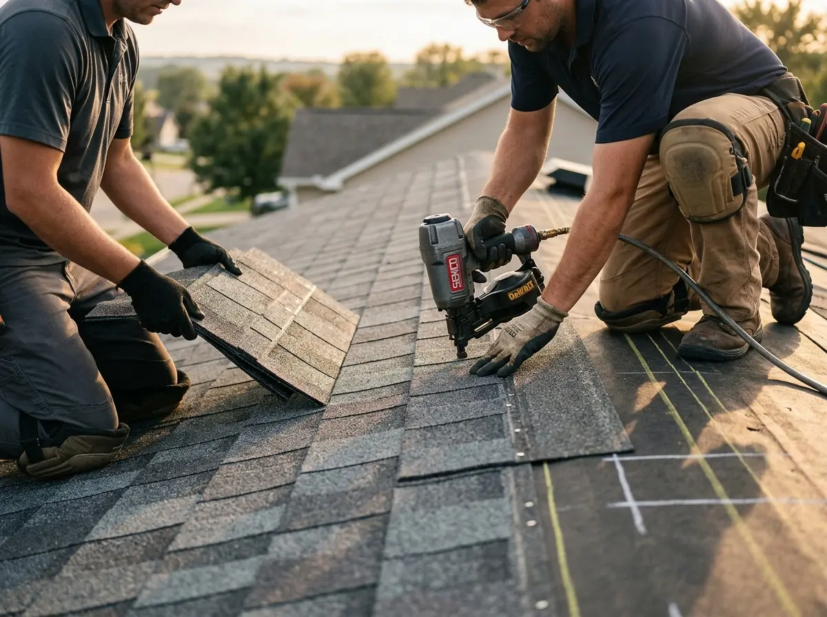 Professional roofer working on a residential roof in Modesto